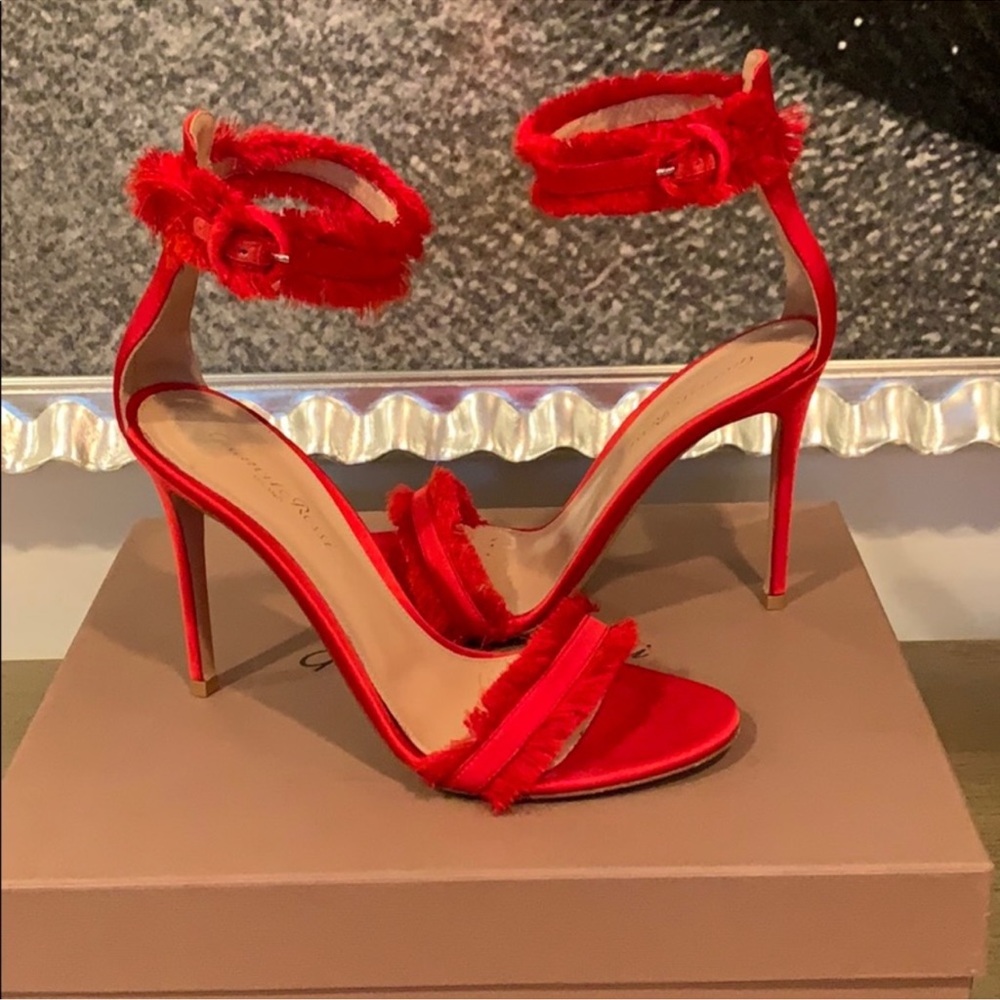 GIANVITO ROSSI Caribe 105 Red Satin Fringe Trim Accent Sandals Size 40.5 - Picture 10 of 16